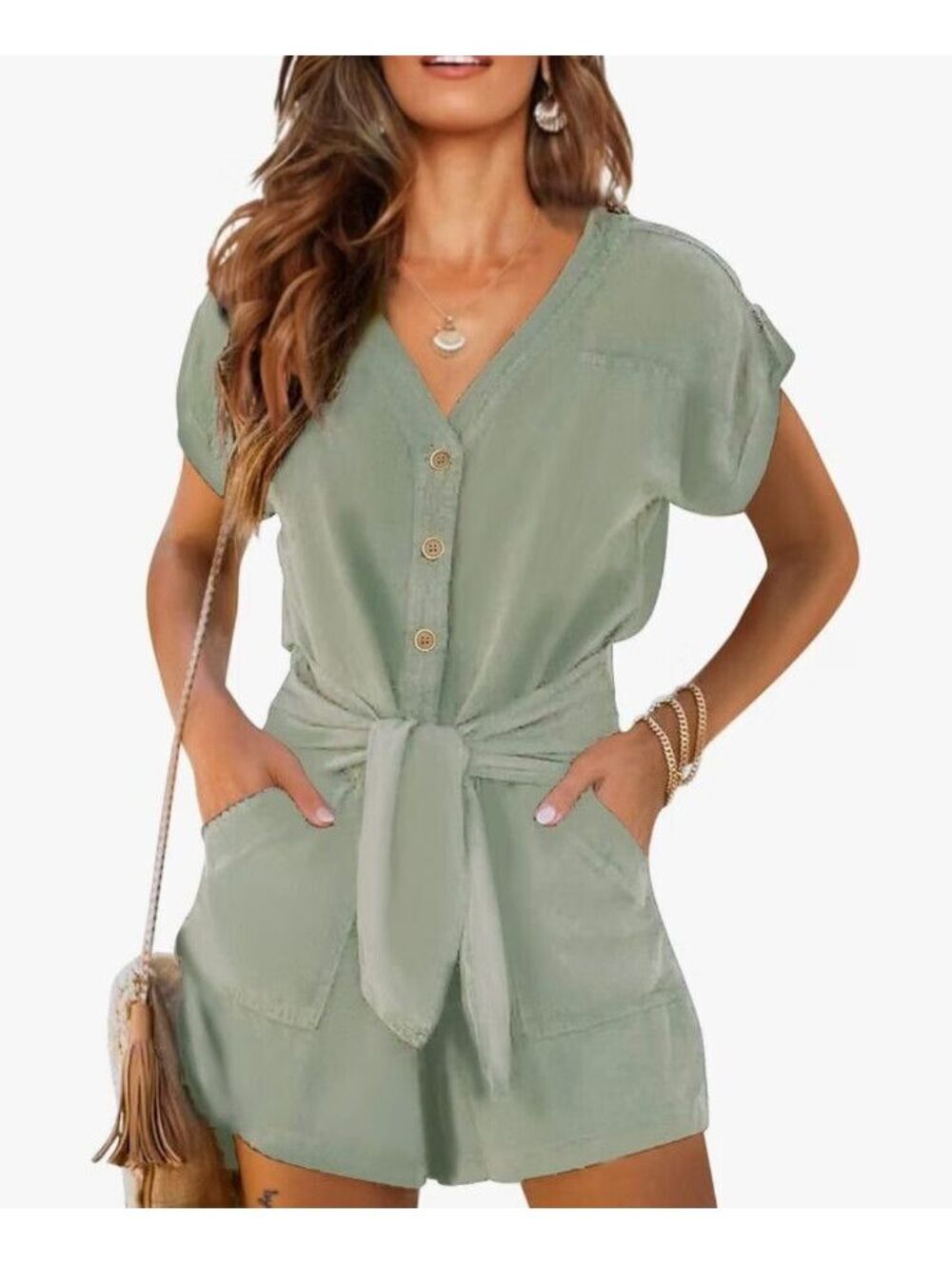 Women's Summer V Neck Casual Button Belted Rompers Short Sleeve Wrap Medium